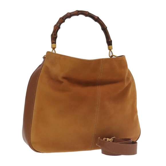 GUCCI Bamboo Hand Bag Suede 2way Brown Gold Auth - Picture 1 of 16